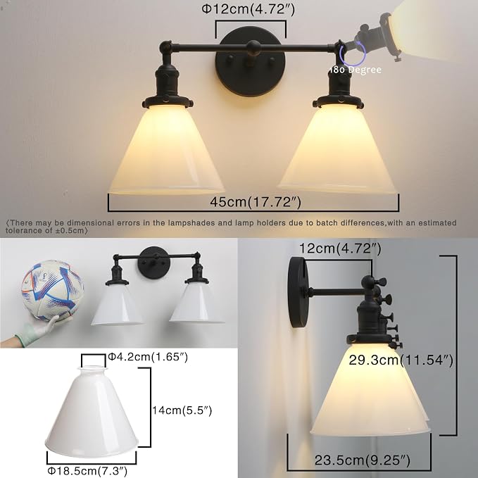 Double Sconce Vintage Industrial Black 2-Lights Wall Sconces with Funnel Flared Glass Milk Glass Shade Antique Scocne for Bathroom Living Room Home Office