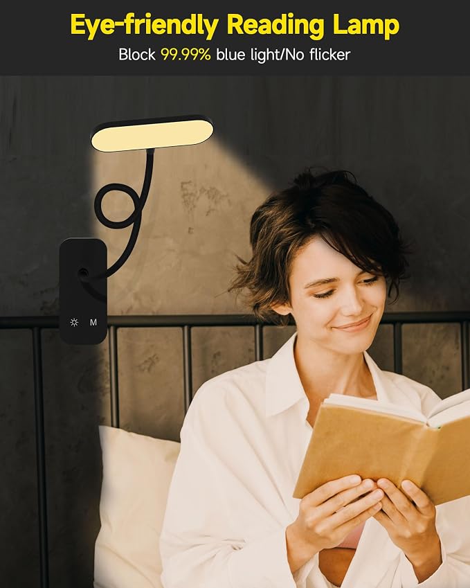 CUHIOY Rechargeable Clip on Light, Bed Headboard Reading Lamp, Black | Portable Cordless Battery-Operated USB-C, 5 Colors 5 Brightness Goose-Neck, Flicker-Free Clamp Desk Dorm Bunk Bed Light