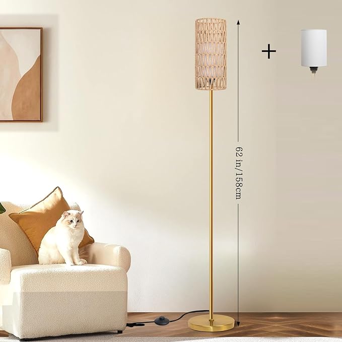 Ruiever Floor Lamp for Living Room,Farmhouse Floor lamp,Modern Standing lamp with Hand-Worked Rattan Shade (Round Rattan Shade Gold Color-3 Color Bulb)