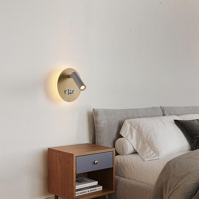 Modern Minimalist LED Wall Sconce,Hardwired 2-Light Reading Backlight,Dual Light Control (3W/240lm+6W/480lm), Swing Arm Wall Light Fixtures for Bedroom/Bedside（Wood Grain）