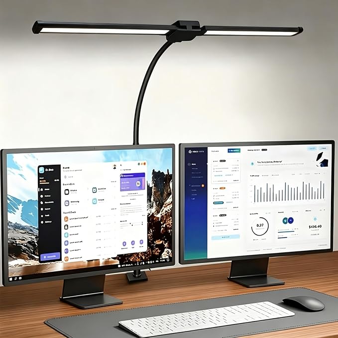 LED Desk Lamp for Home Office, Eye-Care Architect Light with Clamp, Double Head Computer Monitor Table Light with 3 Color Modes 10 Brightness, Adjustable for Reading, Study, Workbench, Black