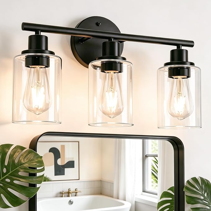 LEDVANCE Sylvania 18.23" Modern Bathroom Light Fixture with 3 Clear Glass Shades, Iron with Black Finish, E26 Medium Base, Vanity Lights for Bathrooms, Foyers, Entryways - 1 Pack (67904)