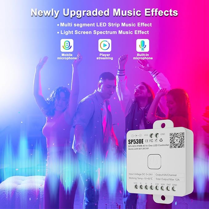 PAUTIX SP530E WiFi Bluetooth LED Controller Alexa/Google 12-in-1 LED Dimmer Support PWM/SPI Single Color CCT RGB RGBW RGBCCT IC LED Strip WS2811 WS2812,for COB/5050 2835 LED Strip Lights DC5V 12V 24V