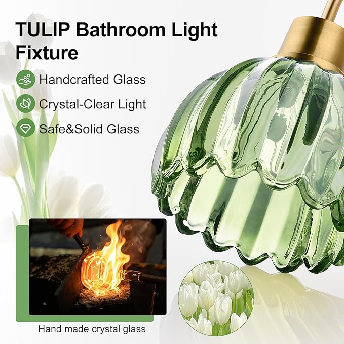 2-Light Bathroom Vanity Light, Brushed Gold Vanity Wall Light Over Mirror with Ribbed Green Tulip Glass Shade, Bathroom Light Fixtures for Bedroom, Living Room, Hallway
