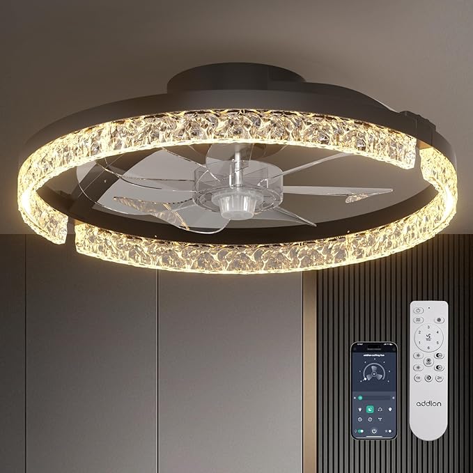 addlon Ceiling Fans with Lights and Remote, 18'' Low Profile Ceiling Fans, 3000-6000K Dimmable Modern Flush Mount LED Fan Light, Fandelier Ceiling Fan for Bedroom, Kitchen, Living Room, Black