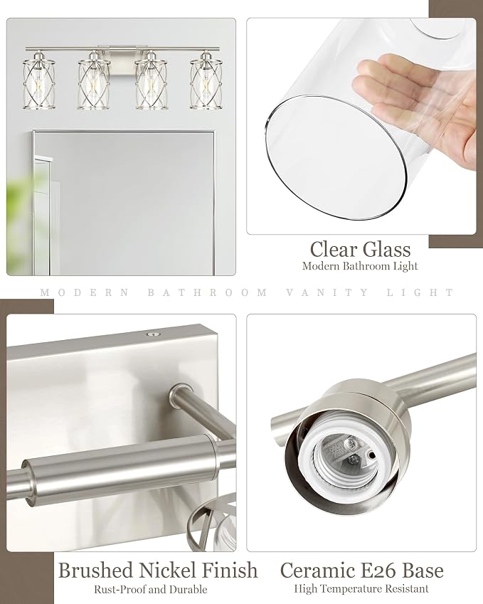 4-Light Brushed Nickel Bathroom Light Fixtures, 29 Inch Modern Bathroom Vanity Lighting Fixtures Over Mirror with Clear Glass and Metal Cage Wall Sconce Lights for Bath, E26, CH9176BN-4W