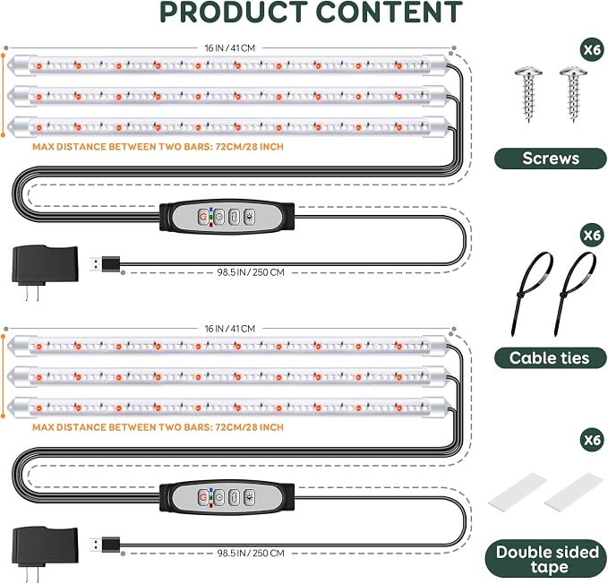 16'' Tri-Bars Grow Light Strips for Indoor Plants with Auto ON/Off Timer 6/12/18H, 5 Dimmable Levels for Shelves Plant Growing(Pack 2)
