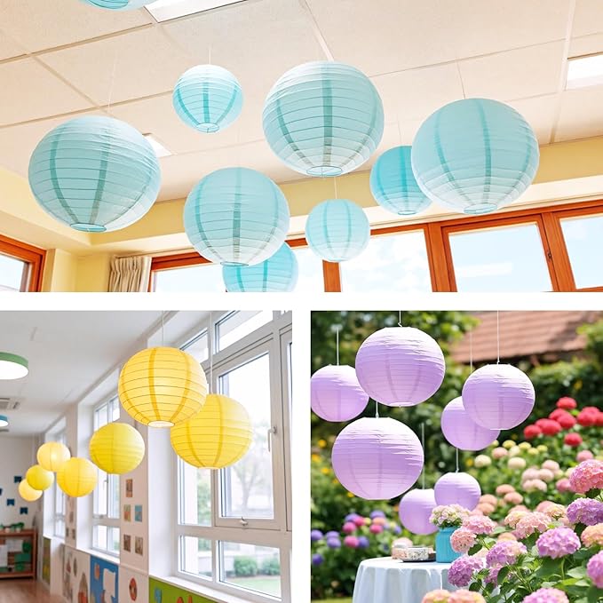 Chinese Paper Lanterns - Pack of 10, 10-Inch Blue/Purple/Yellow Hanging Lights for Birthday Party Decorations, Ceiling Decor, Rainbow Classroom, Wedding, and Home Party