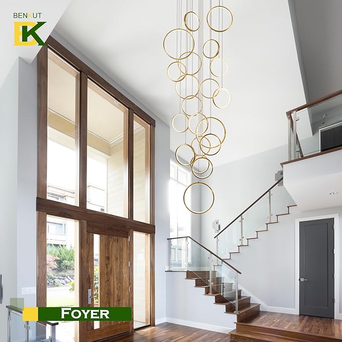 20 Ring High Ceiling Chandelier Foyer, Gold Modern LED Large Staircase Long Chandeliers Light Fixture with Remote for Staircase Entryway Living Room Dining Room(118in, 3000K-6500K)