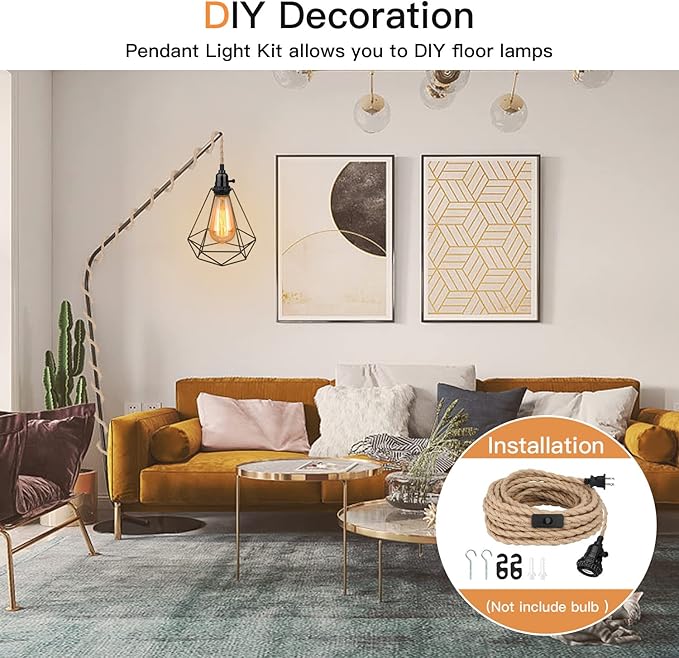 16.5FT Pendant Light Kit, Hanging Lights with Plug in Cord & Switch, Hemp Rope Swag E26 Socket Pendant Lamp, Extension Lantern Cable Vintage Farmhouse Industrial Retro DIY Decoration Fixtures