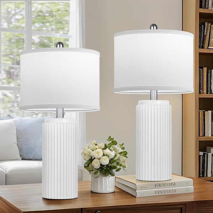 23.5" White Ceramic Table Lamps Set of 2, Modern Nightstand Lamps | Bedside Table Lamps with White Linen Shade, Ideal Size, Farmhouse Home Decor for Living Room Bedroom Office End Table Dorm