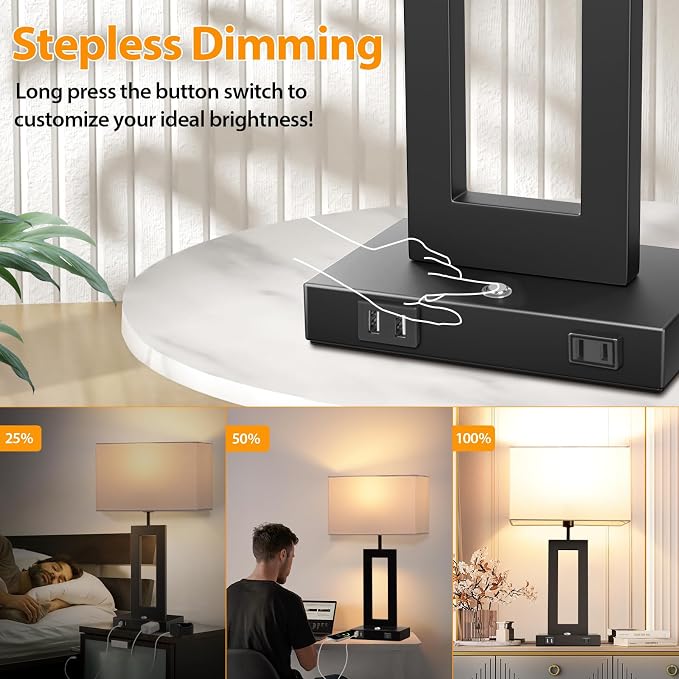 27.2’’ Tall Black Table Lamps for Living Room Bedroom, Bedside Touch Control Lamps with 2 USB Ports&AC Outlet, 3 Color Temp.&Stepless Dimming Desk Lamp Sets for Home Office, Pre-assembled White Shade