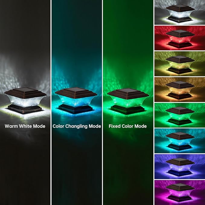 HUYIENO Solar Post Cap Lights Outdoor LED Lighting Deck Fence Two Modes Warm White/7 RGB Color Changing Suitable for 4x4 5x5 Wooden Brushed Copper 6pk.