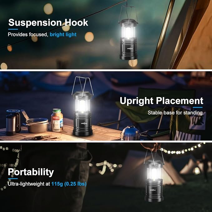 LED Camping Lantern, Battery Operated, 2 Pack | Adjustable brightness, collapsible design, camping essentials, emergency, hurricane, storm, power outage, outdoor