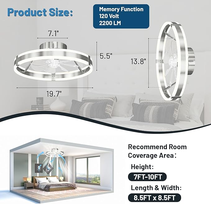 Flush Mount Ceiling Fan with Lights ,19.7'' 3000-6000K 6Speed Dimmable Modern Enclosed Led Ceiling Fan , Reversible DC Motor Bladless Low Profile Ceiling Fans for Bedroom, Kitchen,Home, Office