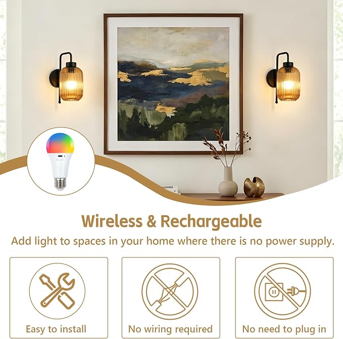 LAMSU Black Battery Operated Wall Sconces Set of 2, Rechargeable Wireless Wall Lights with Amber Stripe Glass Shade, Remote and Bulb, Vintage Cordless Sconce Wall Decor for Bedroom Living Room