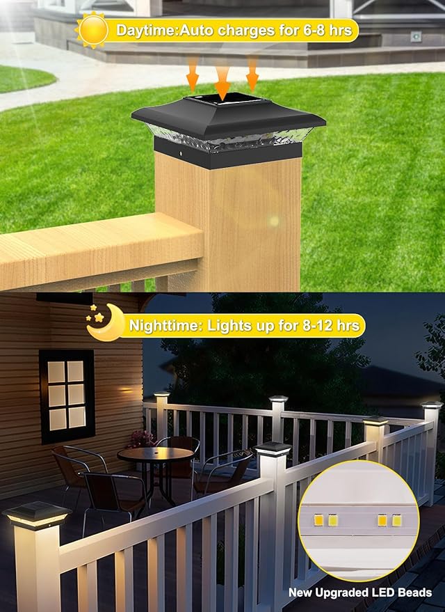 T-SUN 4x4 Fence Post Solar Lights Outdoor Waterproof - Auto Dusk to Dawn Solar Lighting for Deck, Vinyl/Wooden Posts | 24 Pack Weatherproof Warm & Cool White Patio Lights (Black)