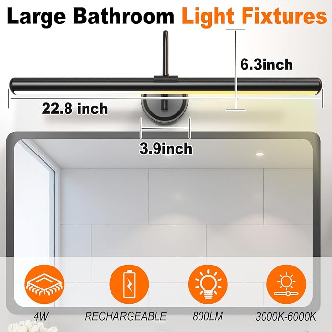 Battery Operated Vanity Lights, Magnetic Mount Bathroom Light Fixture Over Mirror with Remote, Dimmable 3 Color Temp Timer, 22.8 Inch Makeup Mirror Light Bar for Bathroom Bedroom Dressing Table