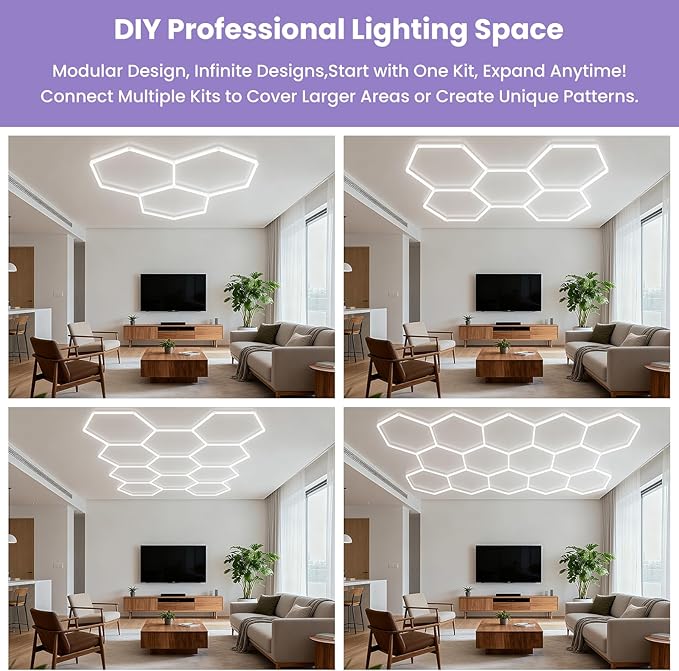 Hexagon Garage Led Lights Dimmable- Hexagon LED Lights, 6500K 17280LM Car Ceiling Detailing Shop Lights for Garage, Basement, Workshop, Warehouse, Gym, Barber, Auto Beauty Shop 5-Pack