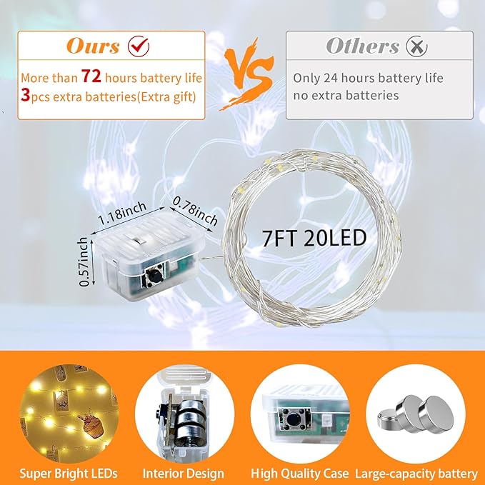 24 Pack Orange Fairy Lights 7Ft 20 LED Twinkle String Lights 3 Modes Battery Operated Waterproof Firefly Starry for Mason Jar Party Wedding Christmas Valentines Day Table Centerpieces