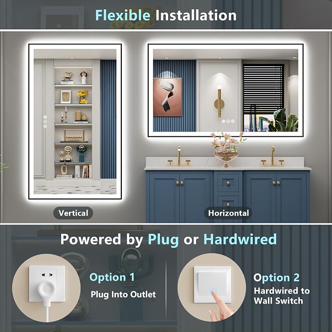 60x36 Black LED Bathroom Mirror, Backlit & Front Lit Lighted Mirror | Metal Framed Anti-Fog Vanity Mirror with Lights, 3 Color Dimmable, Memory, HD Tempered Glass, CRI95, UL Listed, Wall Mounted