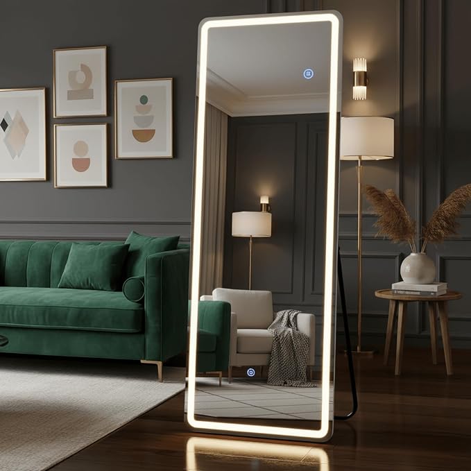 61x16 Inch Lighted Full Body Mirror, Free Standing Floor Mirror Full Length | Wall Mounted Mirror with 3 Color Lights, Adjustable Brightness for Outfit Checks, Dressing Room, Bedroom Decor and Cloakroom