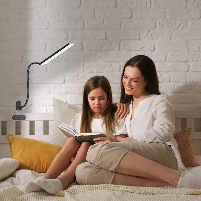 LED Desk Lamp, 5W USB Clip on Light Eye-Caring Reading Clamp Table Lamp with 48 LEDs Flexible Neck, 3 Color Modes and 14 Brightness Levels for Office Bedroom Study (Black)