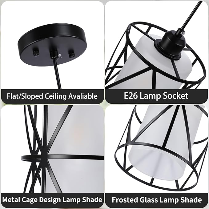 5.4"×7.9" Pendant Lights - Matte Black Kitchen Island Lights, Modern Cylindrical Pendant Light Fixtures with Frosted Glass, Foyer Lighting