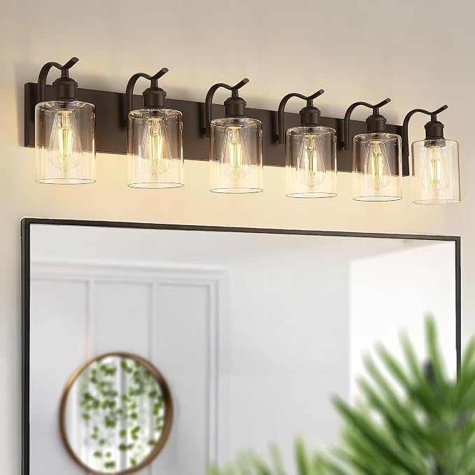 6-Light 41 Inch Bathroom Vanity Light,Clear Glass,Oil Rubbed Bronze | Over Mirror Wall Light,E26 sockets,for bathroom mirror,powder room,dressing area