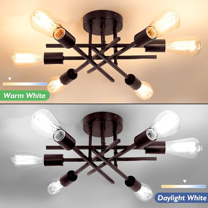 6-Light Semi Flush Mount Ceiling Light Fixture, Modern Industrial Sputnik Ceiling Light, E26 Close to Ceiling Light for Kitchen, Bedroom, Dining Room, Living Room, Hallway, Brown
