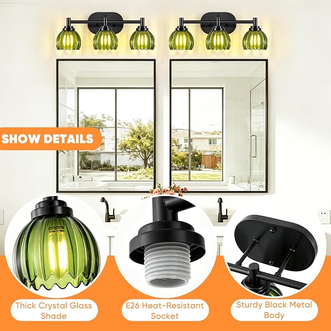 Bathroom Vanity Light, 3-Light Vanity Lighting Fixtures with Green Tulip Glass Shade, Modern Bathroom Wall Mount Lamp, Black Vanity Lights Over Mirror for Living Room, Hallway, Cabinet, Porch