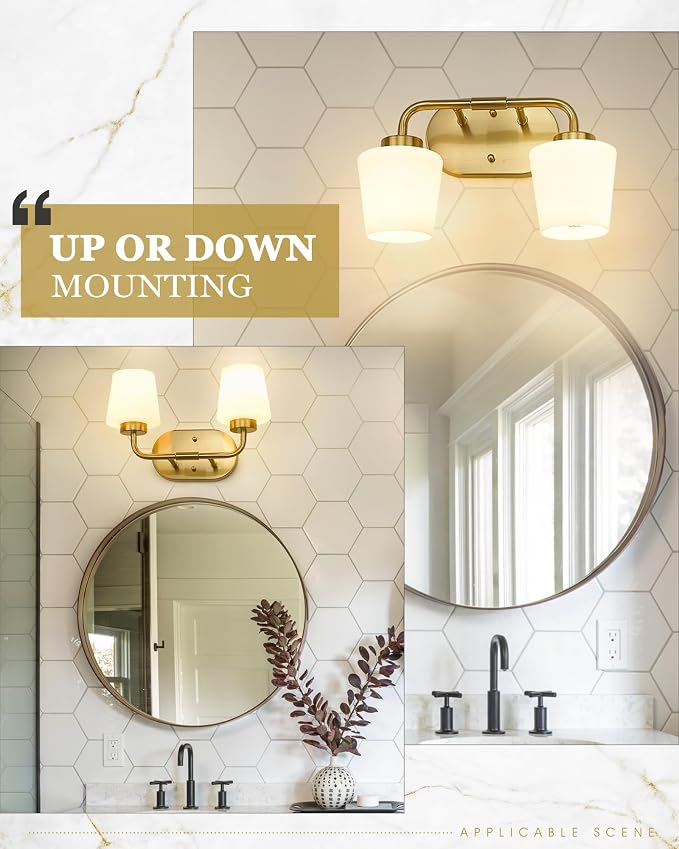Brushed Gold Bathroom Vanity Light, Farmhouse Brass Sconces Wall Lighting with Milk White Glass, Champagne Bronze Light Fixture Over Mirror, AD-22004-2W-GD