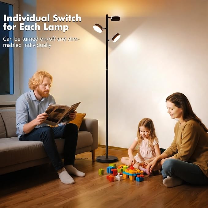Tree Floor Lamp for Living Room - Modern Black Standing Lamp | LED Floor Light with Remote & Touch, 3000K-6000K Dimmable for Bedroom Office Reading (3 Head)