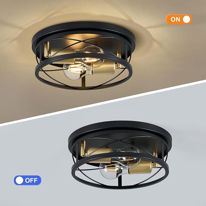 Farmhouse Lights,Black and Gold Industrial Flush Mount Ceiling Light, Ceiling Lamp Farmhouse Lighting Fixture for Hallway, Bedroom, Kitchen, Entrance, 2-Light