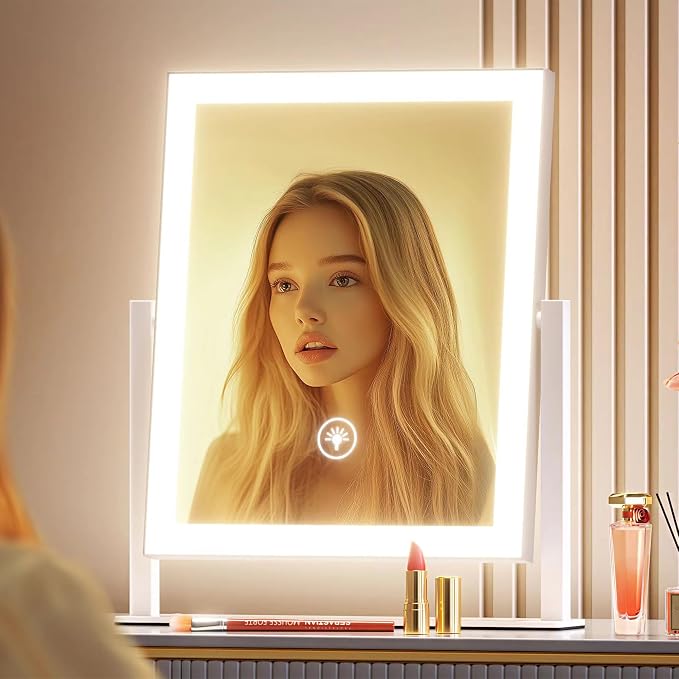 Gvnkvn 15.2" Lighted Makeup Mirror Hollywood Vanity Mirror with Lights, Three Color Modes,Detachable 10X Magnification Mirror, Smart Touch Control, 360°Rotation White