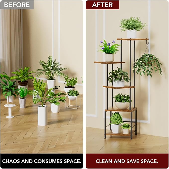 Plant Stand Indoor with Grow Light - 5-Tier Metal Plant Shelf with Hanging Basket Hook, Corner Tall Flower Holder for Multiple Plants, Living Room Balcony Garden Patio, Rustic Brown