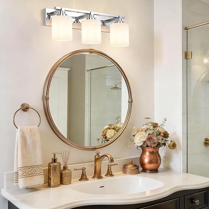 Modern Bathroom Lighting Fixtures Over Mirror, Vanity Lights for Bathroom, Wall Sconces with Milky White Glass Shades, E26 Ceramic Socket, 3-Light 19.7-inch Chrome