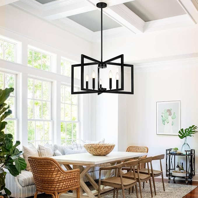 25"-61" Height Adjustable Modern Matte Black Chandelier for Dining Room, No Assembly Required Black Dining Room Light Fixture Over Table, Industrial Metal Pendant Lights Fixture for Kitchen Island