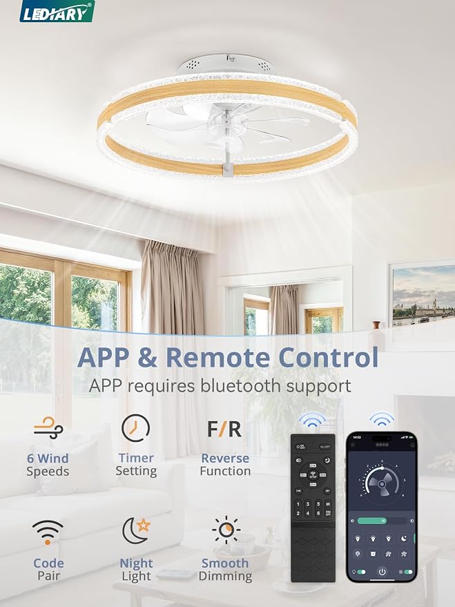 LEDIARY Ceiling Fans with Lights and Remote, 20'' Low Profile Ceiling Fan with Light, 3000-6000K Dimmable Fandelier Ceiling Fans, Modern Flush Mount Fan Light for Bedroom with 6 Wind Speeds-Wood Grain | 3000-6000K Dimmable LED, 6 Wind Speeds, Quiet Rev...