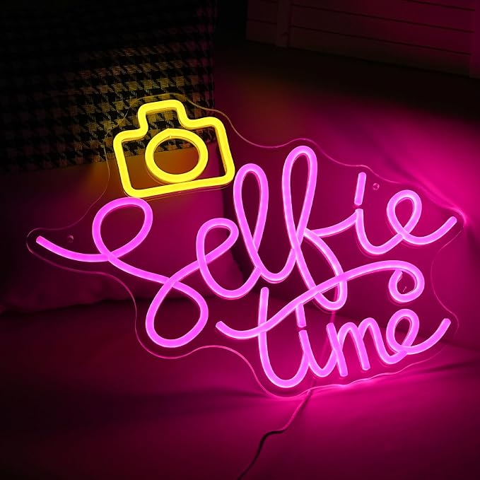 Selfie Time Neon Sign LED Yellow Camera Pink Neon Light For Wall Decor Dimmable USB Powered Light Up Sign for Photographic Studio Bedroom Photography Lover Room Party Gifts (16.7 * 12.8In)