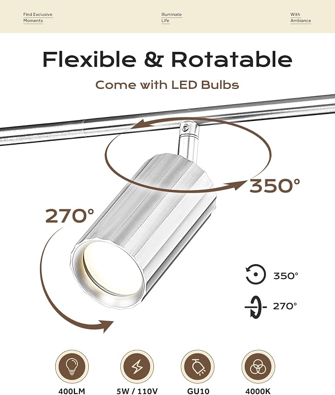 FEMILA 6 Light Kitchen Track Lighting Fixtures Ceiling, Brushed Nickel Track Light with Adjustable Heads, 3000K GU10 Bulbs Included, for Kitchen, Gallery, Cafe, 4FS109TL-6 BN