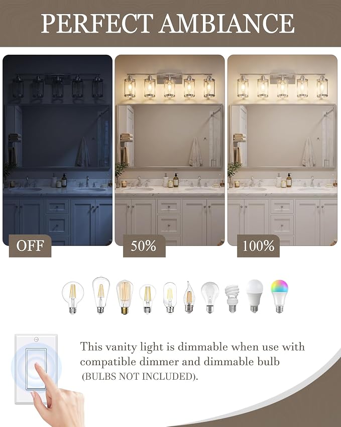 5-Light Brushed Nickel Bathroom Light Fixtures Over Mirror with Clear Glass and Metal Cage Shade, 38" UL-Listed Modern Farmhouse Wall Sconce for Bath, Hardwire E26, OS-3014BN-5W