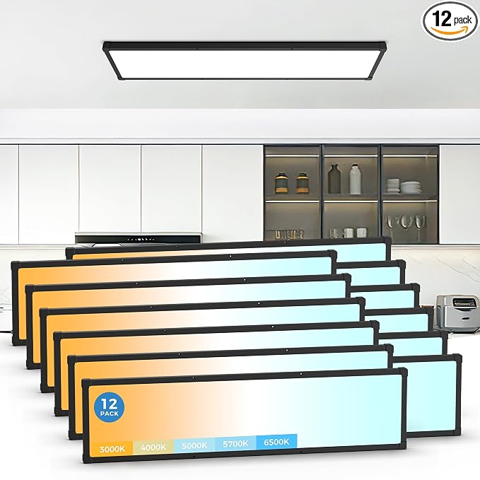 1x4 LED Flat Panel Light Surface Mount 12Pack,5CCT Selectable,Black | 6500LM,5 Wattage Selectable, 0-10V Dimmable LED Ceiling Light Fixture with Corner Protection for Office & Commercial