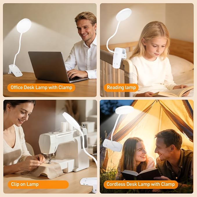 Cordless Rechargeable Clip On Desk Lamp Thick Flexible 360° Gooseneck | 450 Lumen Eye Protect Light,30 Custom Lighting Modes,5-30H Long Life Battery for Bed Headboard Desk Puzzle Craft ,White 1 Pcs