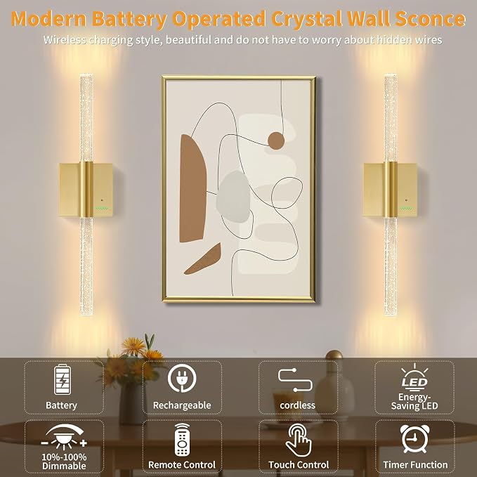 28” Wall Sconces Set of 2, Rechargeable Battery Powered Wall Light | Extra Large 8000mAh Battery Operated Dimmable Led Lamp Fixtures with No Hardwired, for Bathroom Cabinet Study Room, Gold