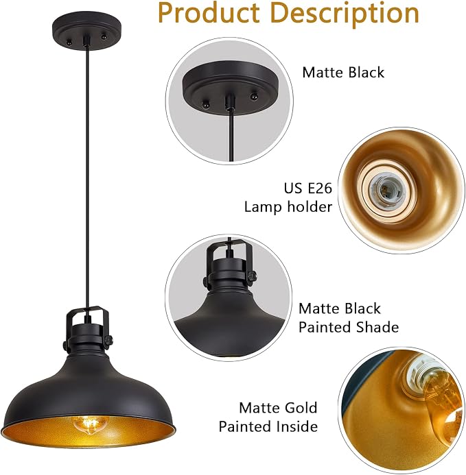 Black Farmhouse Pendant Lights Kitchen Island Fixtures | ETL Certificate,Industrial Adjustable Height Vintage Dome Hanging Light Fixtures for Barn,Dining Room 1 Pack