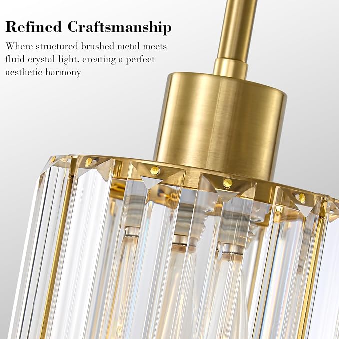 5.1" Mini Modern Gold Crystal Kitchen Island Pendant Lights 2 Pack | Small Crystal Glass Shade, Sparkling Crystal Reflection, Customizable Hanging Height,Fits Most Ceilings, Modern Brushed Brass