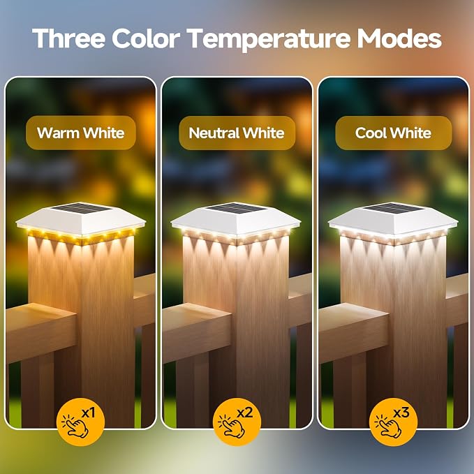 8 Pack 4x4 Solar Post Light, 3 Modes Wooden Vinyl Fence Cap, White | 3 color temperatures, Waterproof LED Solar Post Lights, Patio Porch Decor, Only Fit Two True Size Post: 3.5''x3.5'', 4''x4''