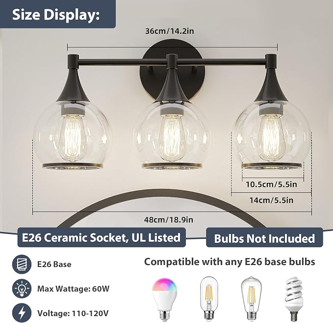 PAIHOME 3-Light Black Bathroom Vanity Light Fixtures Over Mirror | Painted, Anti-rust, UL-Certified, Elegant Globe Glass Shade, Modern Vintage, Easy to Install,Versatile Wall Decor Light