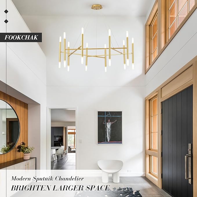 Gold Chandelier Light Fixture, 56" Round Dining Room Chandelier Over Table 20 Light Geometric Modern Chandeliers Mid-Century Hanging Light Fixture for Foyer Living Room Master Bedroom, G9